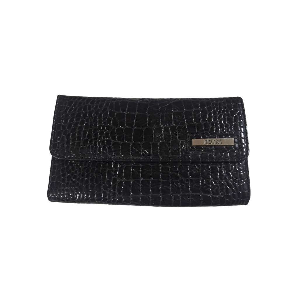Kenneth Cole Reaction Womens Black Croc Embossed Trifold Wallet Snap Closure